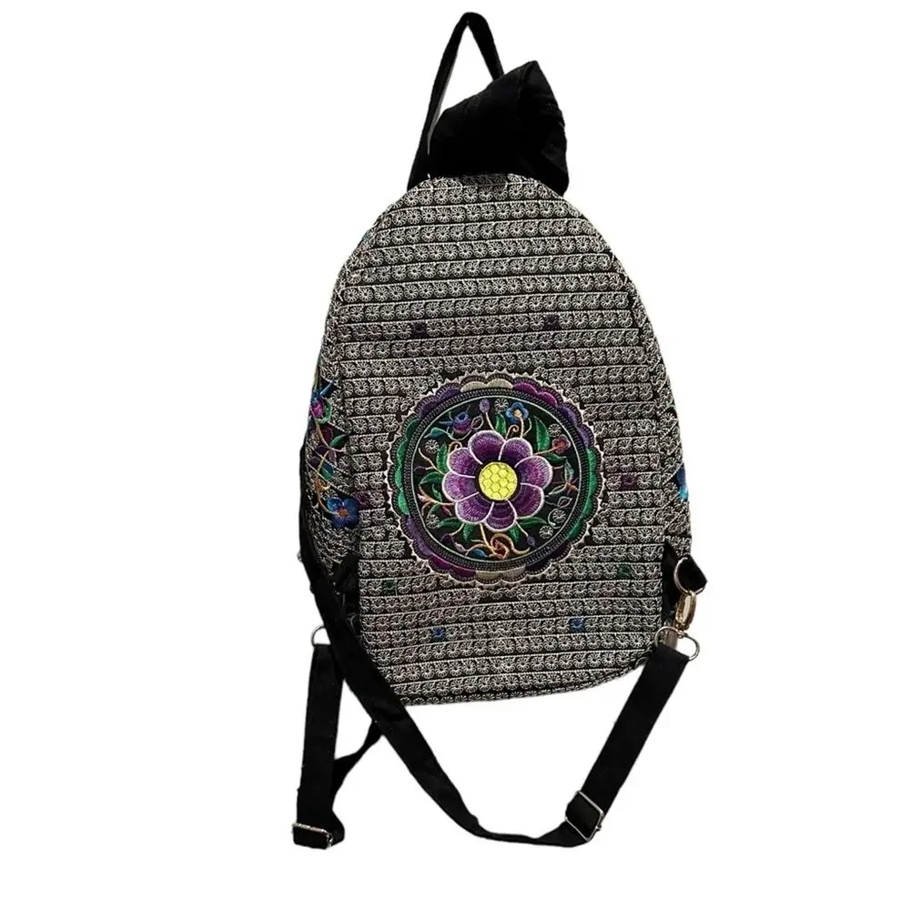 Floral Embroided Backpack Boho Bohemian Black Purple Mexican